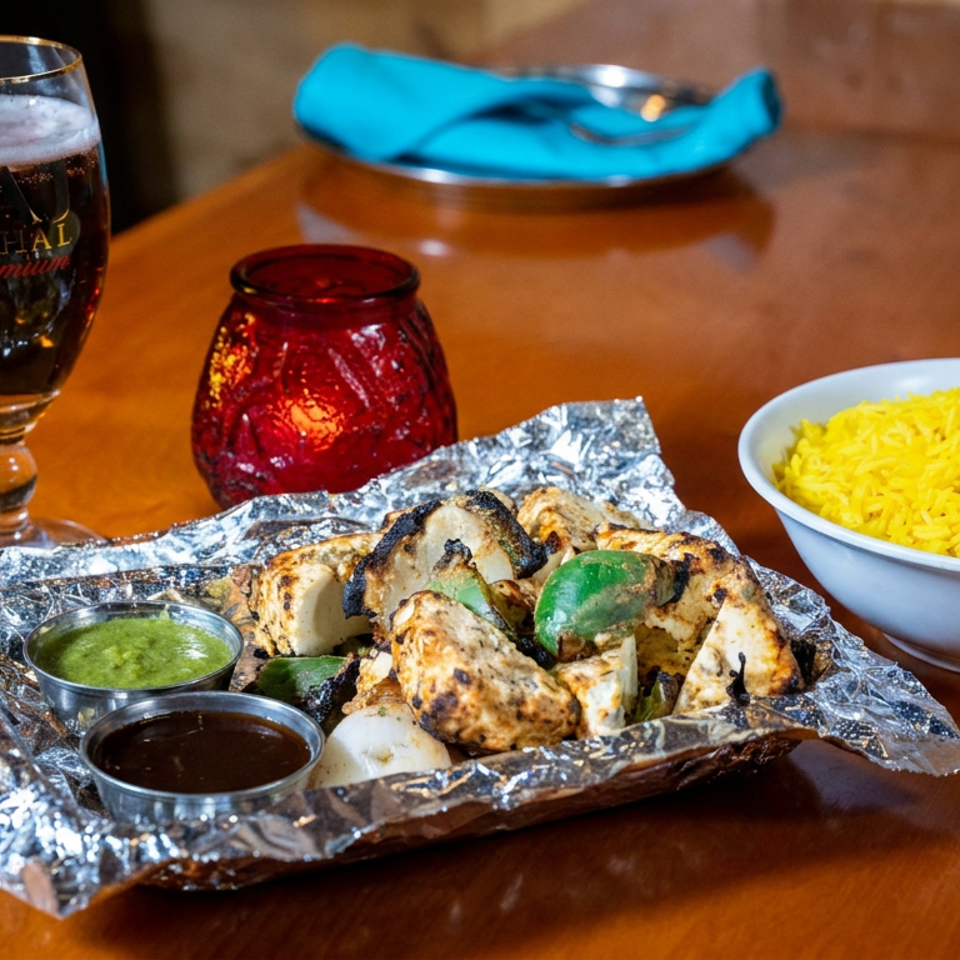 Grilled chicken and vegetables with green and brown chutneys, yellow rice, and a glass of beer on a restaurant table.