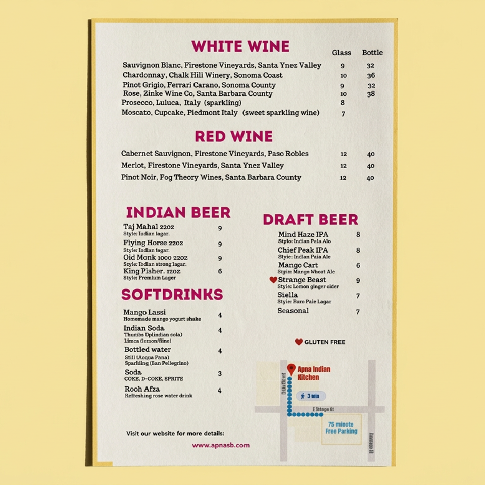 Restaurant beverage menu listing white and red wines, Indian beers, draft beers, soft drinks, gluten-free options, and parking information.