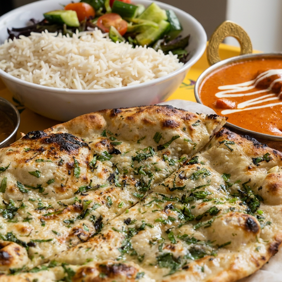 Indian meal featuring garlic naan, basmati rice, salad, lentil curry, and creamy orange curry on a yellow platter.