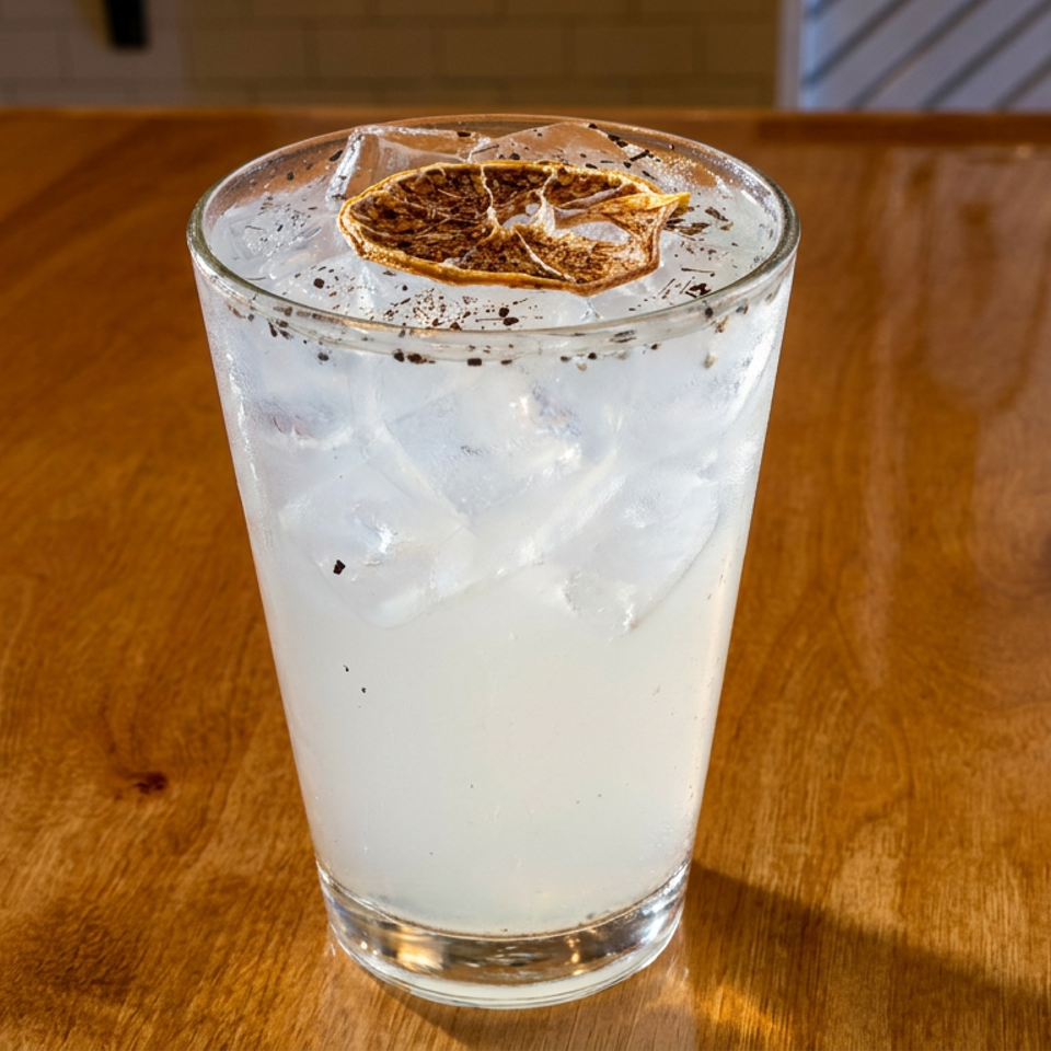 Cloudy citrus cocktail with ice, a dried lime garnish, and dark seasoning served in a clear glass on a wooden table.