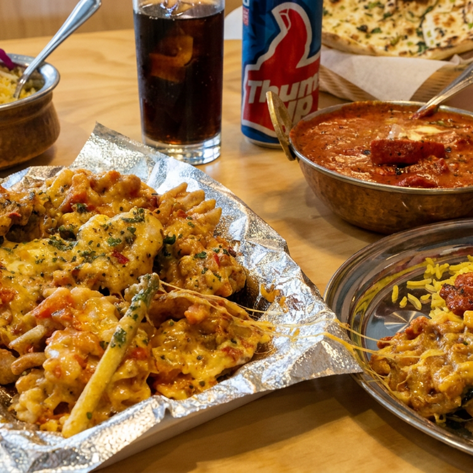 Indian meal featuring battered fritters, yellow rice with curry, naan, shredded cheese, tomato curry, cola, and a metal cup.