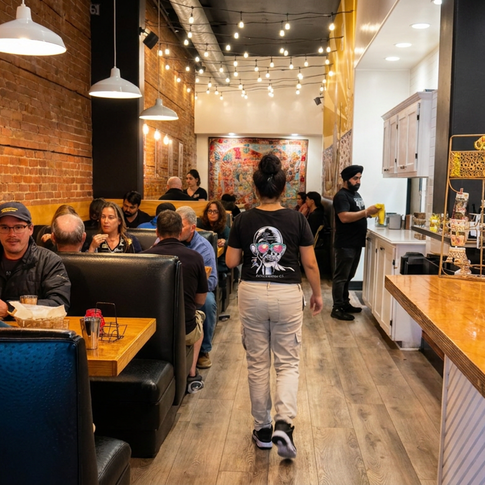 Busy restaurant dining room with brick walls, booth seating, hanging lights, open kitchen, and staff serving customers.