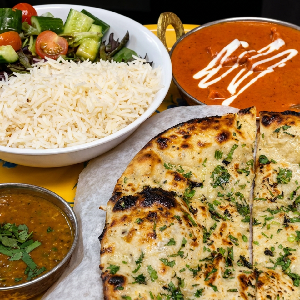 Indian meal featuring garlic naan, basmati rice, fresh salad, creamy tomato curry, and lentil dal on a colorful platter.