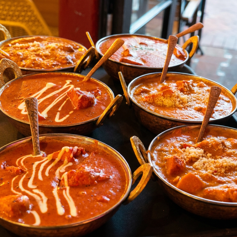 Six bowls of richly spiced Indian curries garnished with cream and crumbs, arranged on a serving tray in a restaurant.