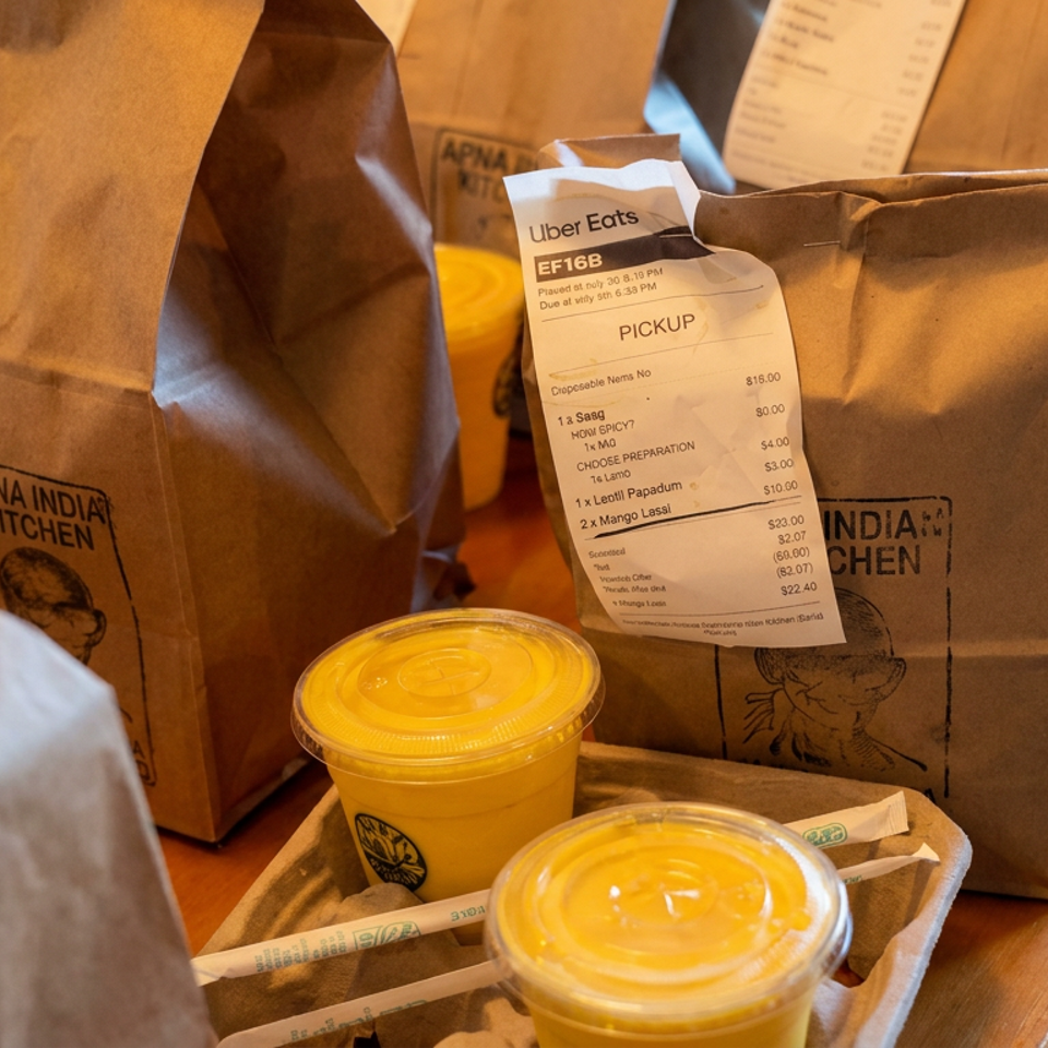 Apna Indian Kitchen takeout bags, Uber Eats receipt, and two mango beverages arranged on a wooden table.